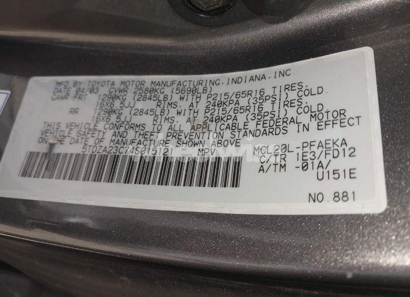 Photo 9 of 2004 Toyota Sienna CE (VIN 5TDZA23C74S015121)