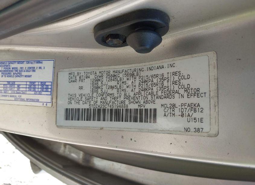 Photo 9 of 2004 Toyota Sienna LE (VIN 5TDZA23C74S194888)