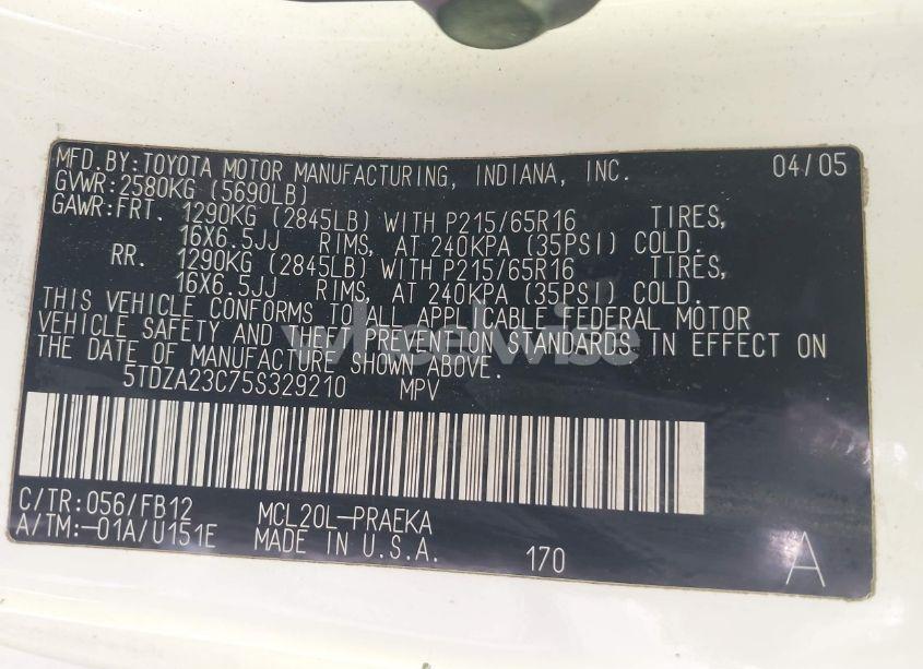 Photo 9 of 2005 Toyota Sienna LE (VIN 5TDZA23C75S329210)