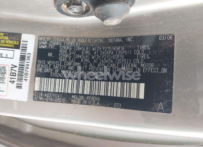 Photo 9 of 2006 Toyota Sienna CE/LE (VIN 5TDZA23C76S482753)