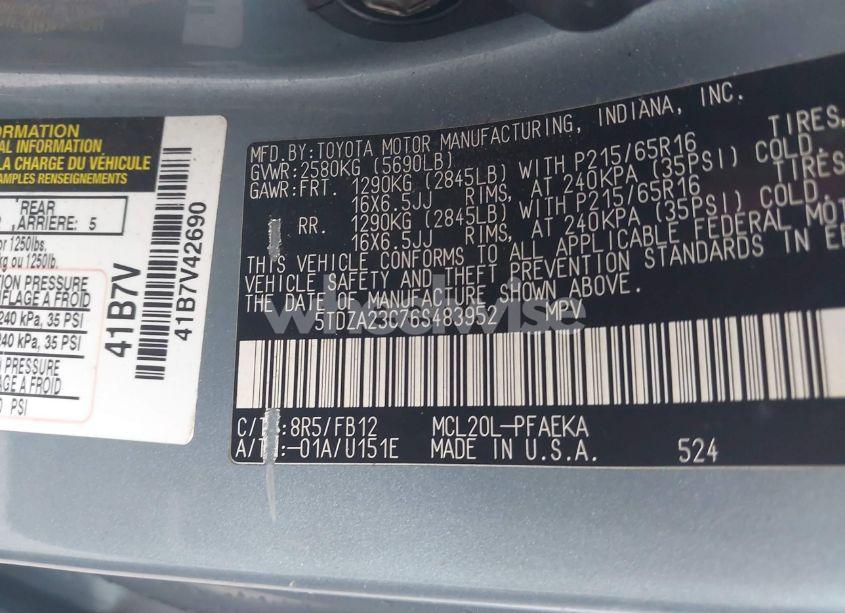 Photo 9 of 2006 Toyota Sienna CE (VIN 5TDZA23C76S483952)