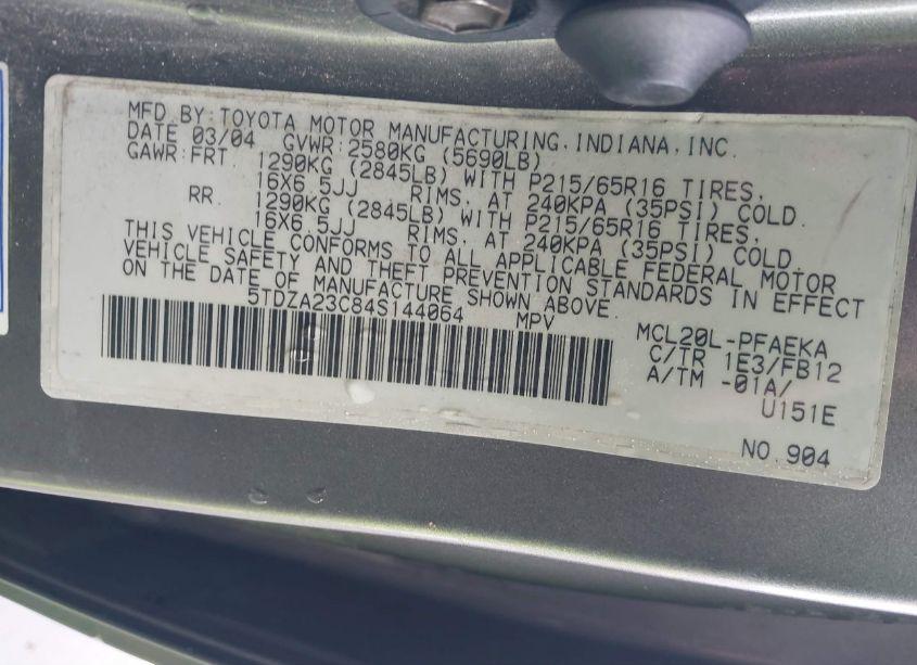 Photo 9 of 2004 Toyota Sienna LE (VIN 5TDZA23C84S144064)