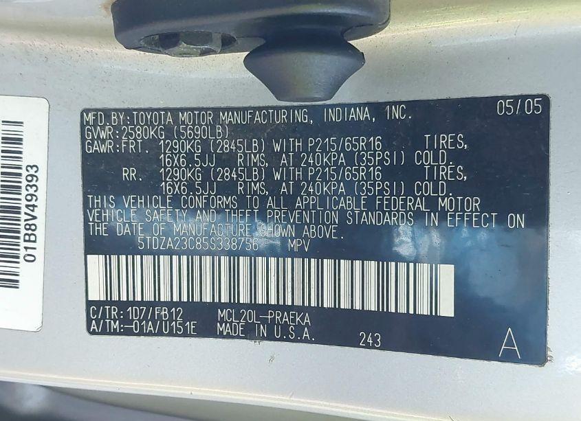 Photo 9 of 2005 Toyota Sienna LE (VIN 5TDZA23C85S338756)