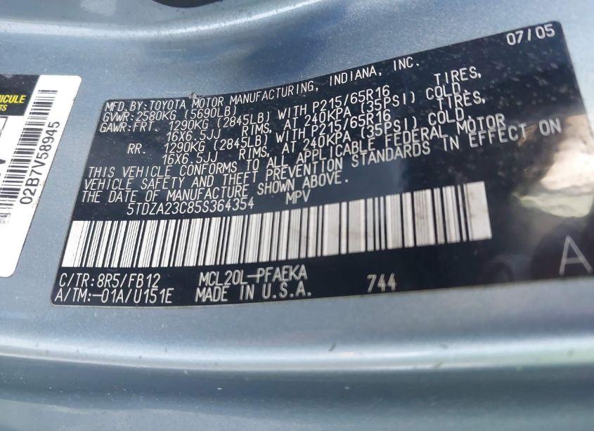 Photo 9 of 2005 Toyota Sienna LE (VIN 5TDZA23C85S364354)