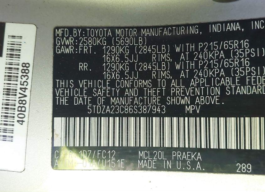 Photo 9 of 2006 Toyota Sienna LE (VIN 5TDZA23C86S387943)
