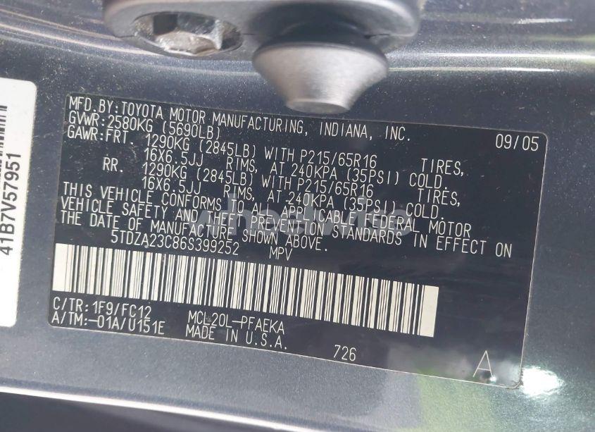 Photo 9 of 2006 Toyota Sienna LE (VIN 5TDZA23C86S399252)