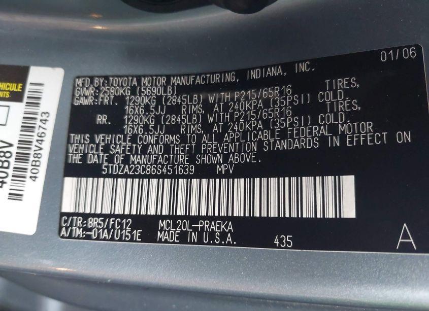 Photo 9 of 2006 Toyota Sienna LE (VIN 5TDZA23C86S451639)