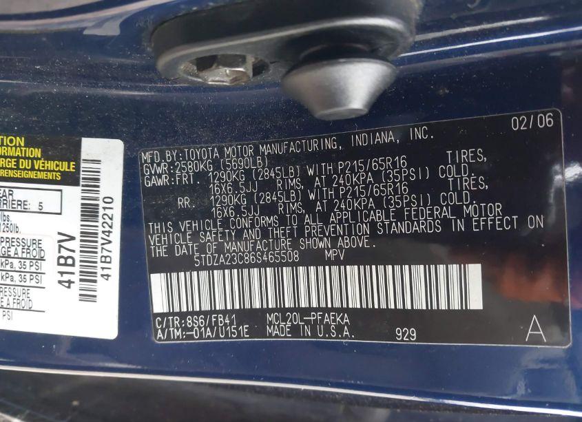Photo 9 of 2006 Toyota Sienna CE (VIN 5TDZA23C86S465508)