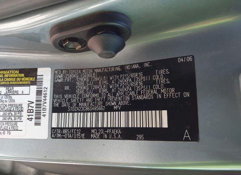 Photo 9 of 2006 Toyota Sienna CE/LE (VIN 5TDZA23C86S485662)