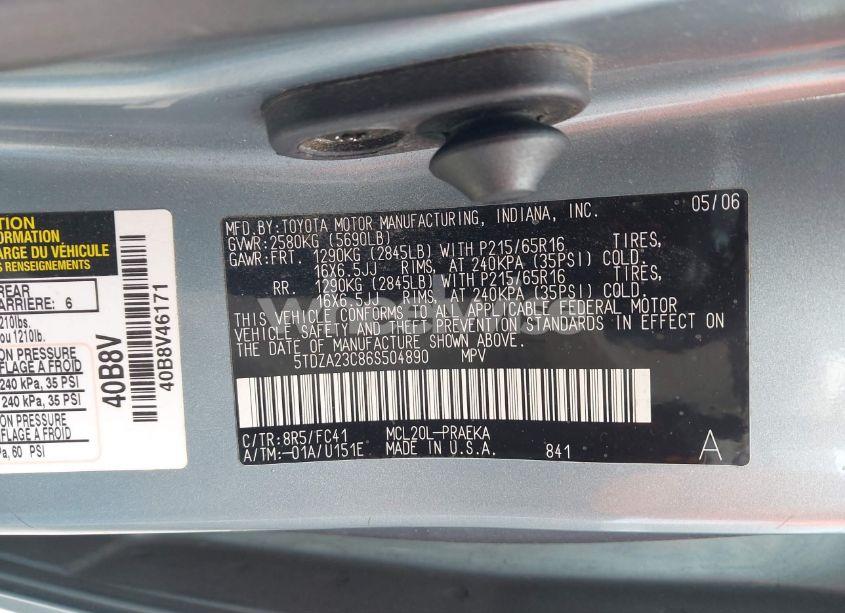 Photo 9 of 2006 Toyota Sienna LE (VIN 5TDZA23C86S504890)