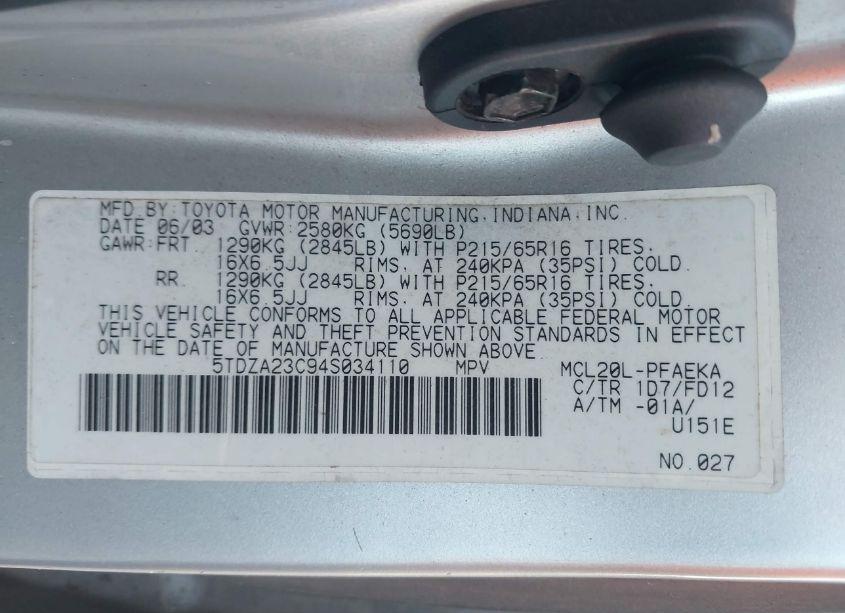 Photo 9 of 2004 Toyota Sienna CE (VIN 5TDZA23C94S034110)