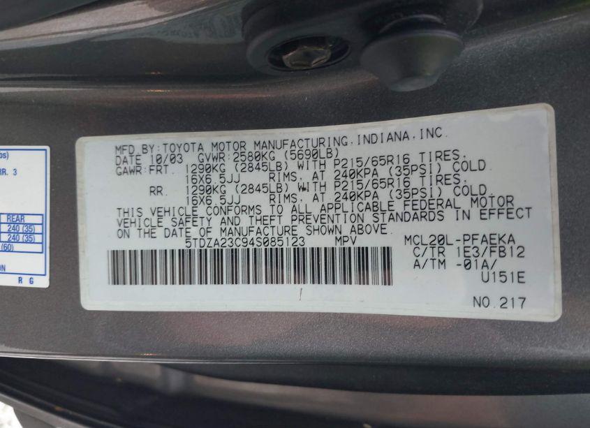 Photo 9 of 2004 Toyota Sienna LE (VIN 5TDZA23C94S085123)