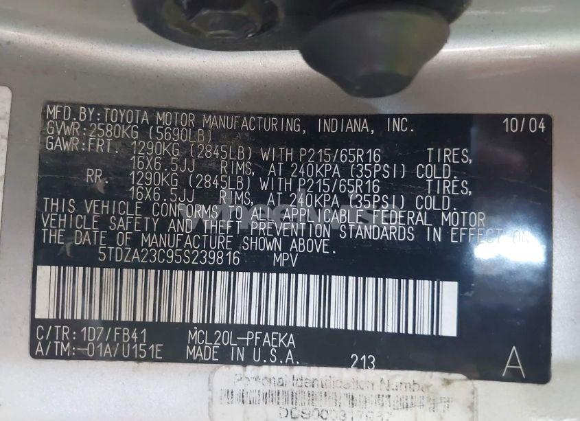 Photo 9 of 2005 Toyota Sienna LE (VIN 5TDZA23C95S239816)