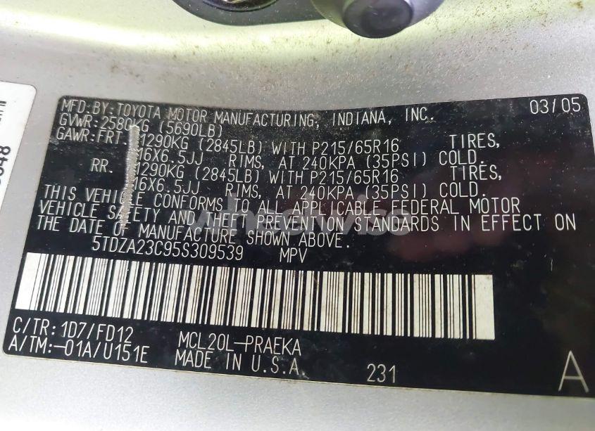 Photo 9 of 2005 Toyota Sienna CE (VIN 5TDZA23C95S309539)