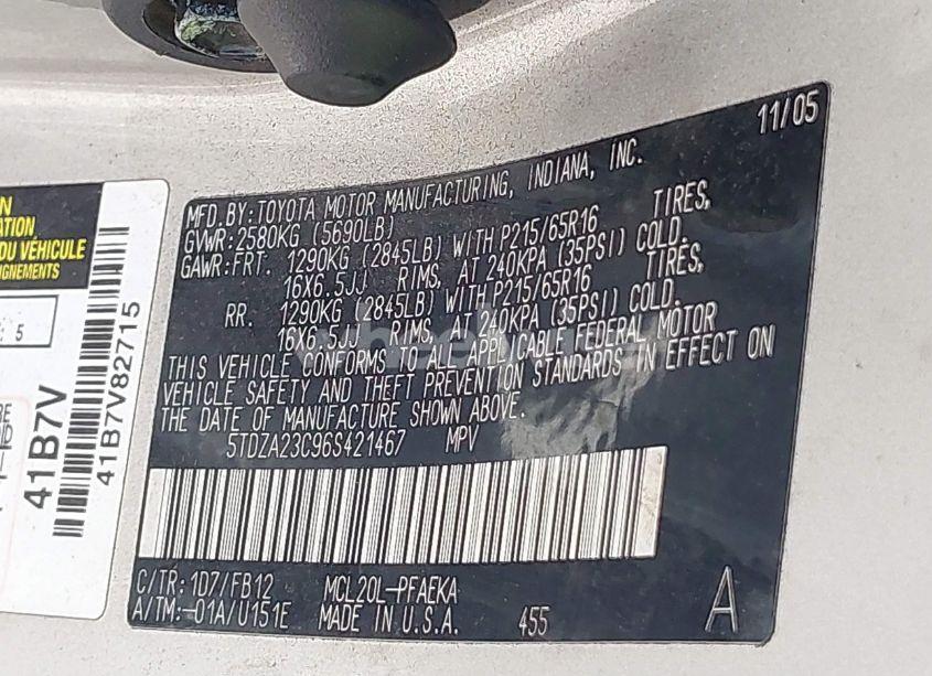 Photo 9 of 2006 Toyota Sienna CE (VIN 5TDZA23C96S421467)