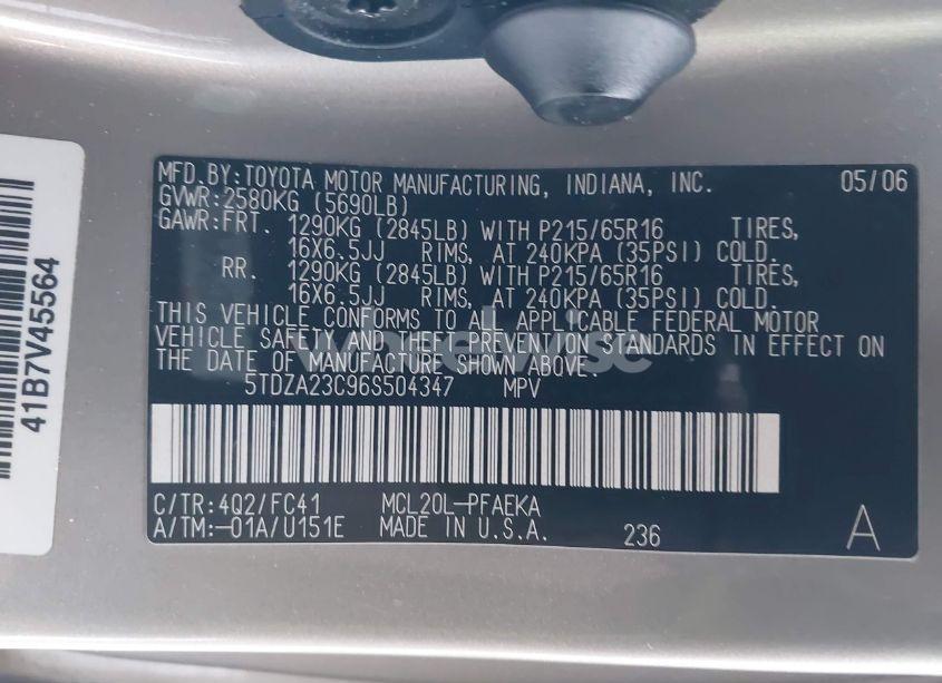 Photo 9 of 2006 Toyota Sienna LE (VIN 5TDZA23C96S504347)