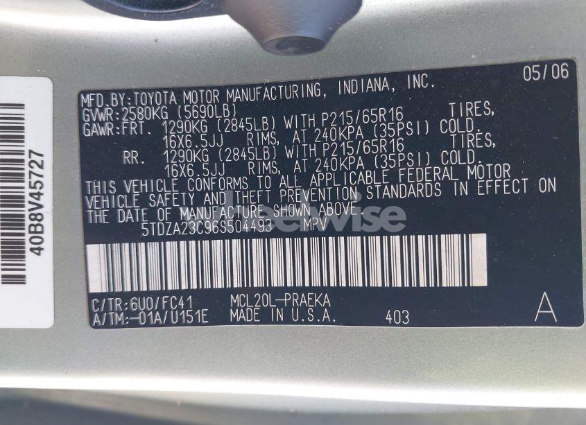 Photo 9 of 2006 Toyota Sienna LE (VIN 5TDZA23C96S504493)