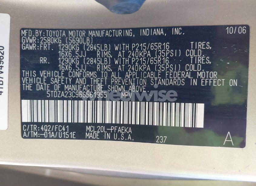 Photo 9 of 2006 Toyota Sienna LE (VIN 5TDZA23C96S561955)