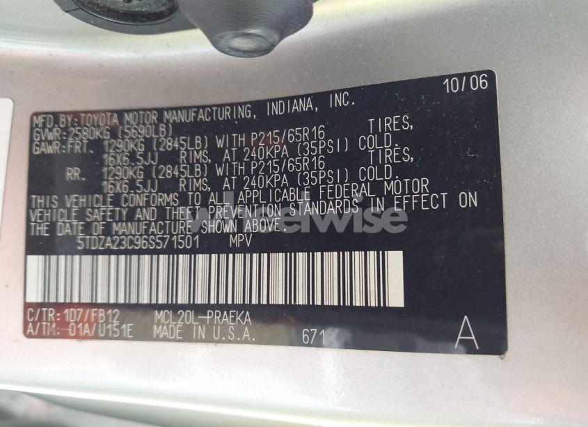 Photo 9 of 2006 Toyota Sienna CE (VIN 5TDZA23C96S571501)