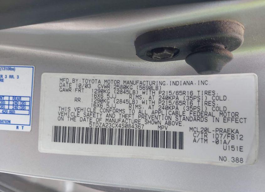 Photo 9 of 2004 Toyota Sienna CE/LE (VIN 5TDZA23CX4S084367)
