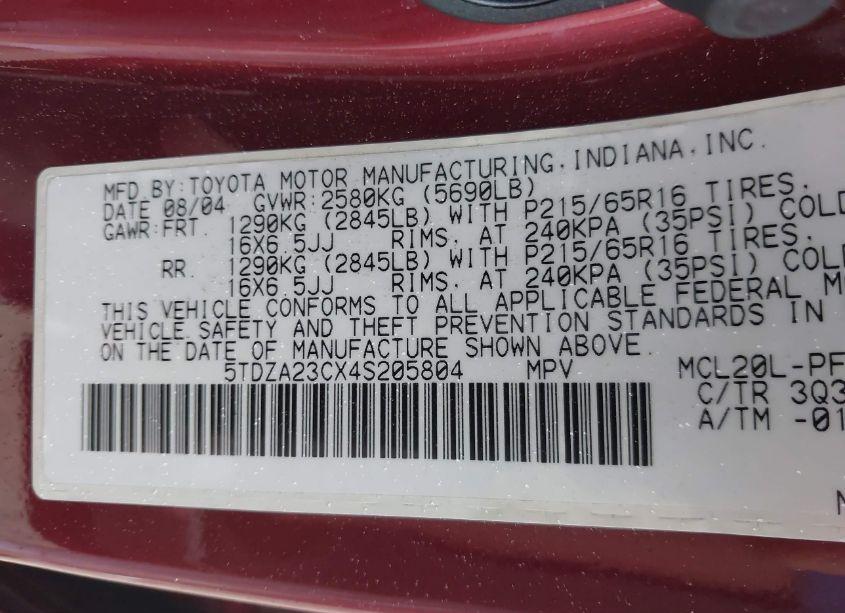 Photo 9 of 2004 Toyota Sienna CE (VIN 5TDZA23CX4S205804)