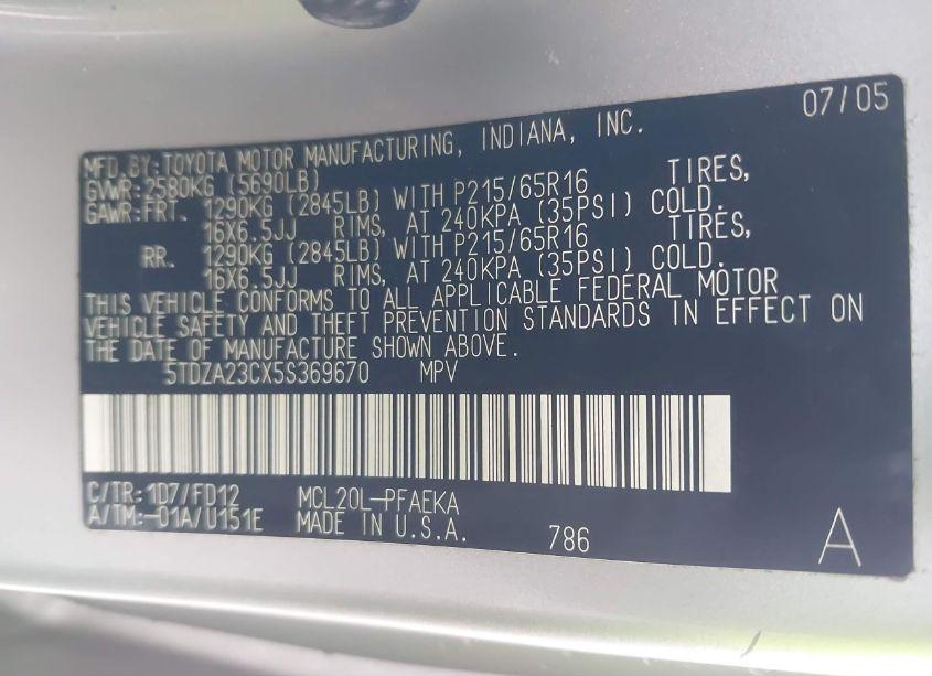Photo 9 of 2005 Toyota Sienna CE (VIN 5TDZA23CX5S369670)