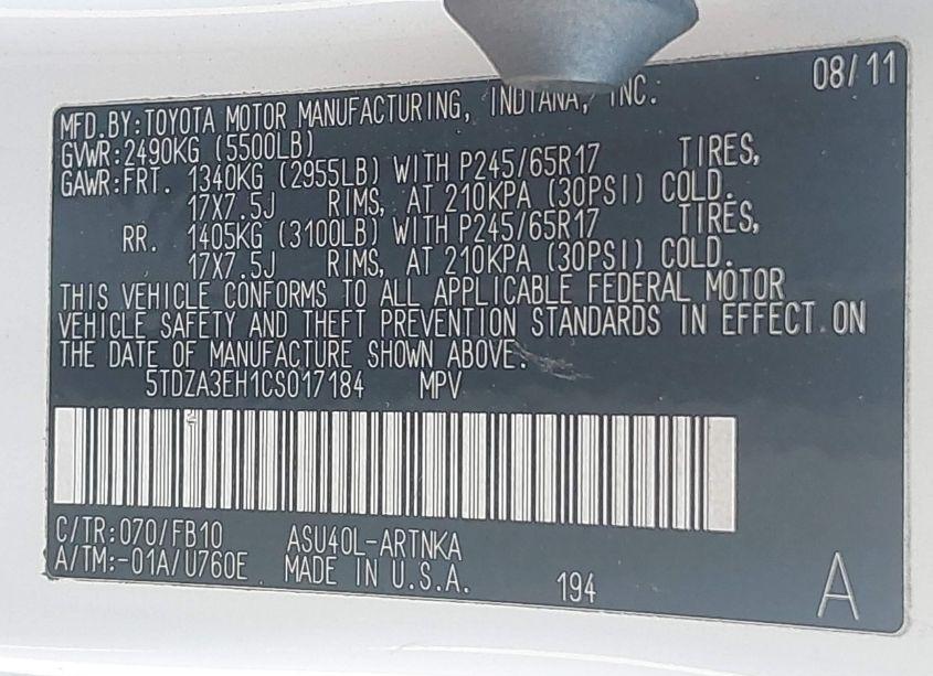 Photo 9 of 2012 Toyota Highlander (VIN 5TDZA3EH1CS017184)