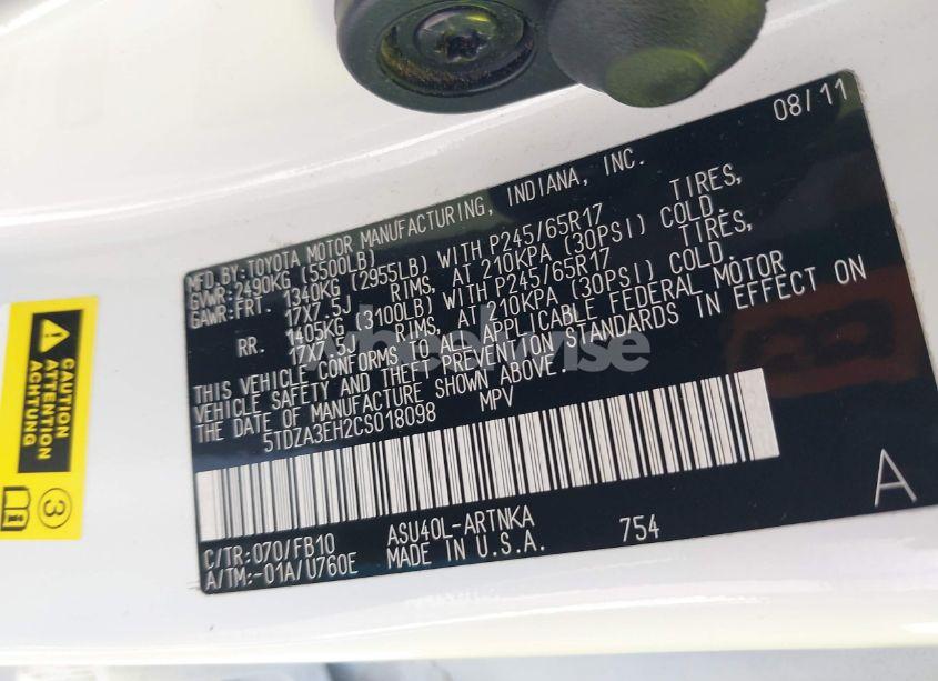 Photo 9 of 2012 Toyota Highlander (VIN 5TDZA3EH2CS018098)