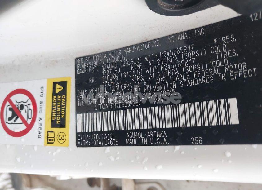 Photo 9 of 2013 Toyota Highlander BASE PLUS (VIN 5TDZA3EH2DS035257)