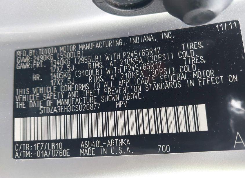 Photo 9 of 2012 Toyota Highlander SE (VIN 5TDZA3EH3CS020877)