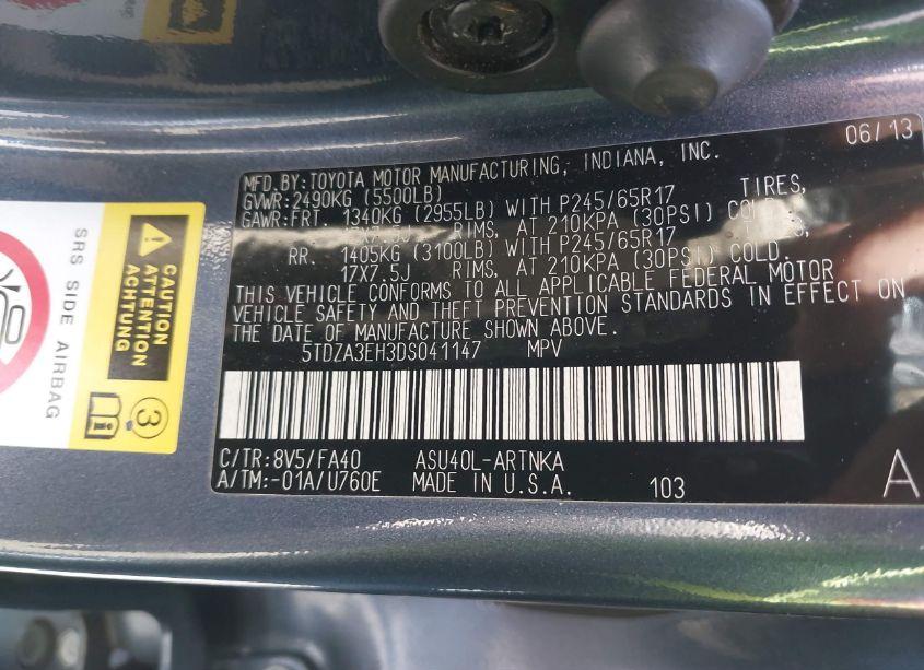 Photo 9 of 2013 Toyota Highlander BASE PLUS (VIN 5TDZA3EH3DS041147)