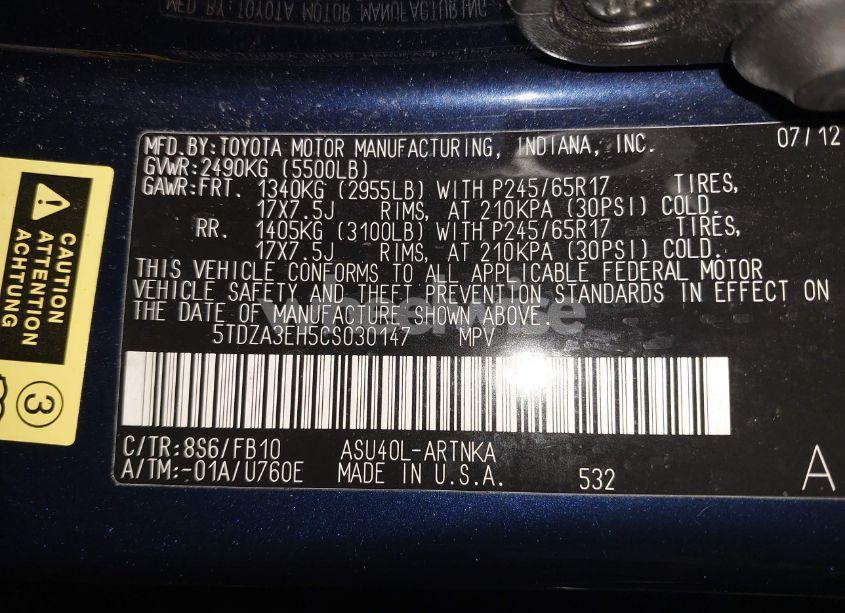 Photo 9 of 2012 Toyota Highlander (VIN 5TDZA3EH5CS030147)