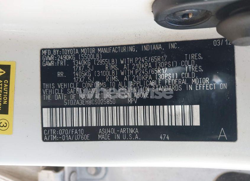 Photo 9 of 2012 Toyota Highlander SE (VIN 5TDZA3EH8CS025850)