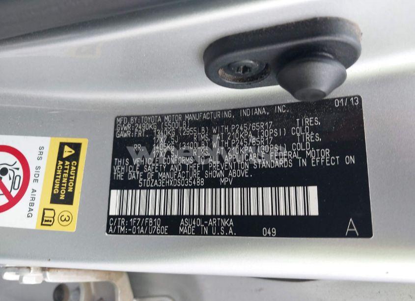 Photo 9 of 2013 Toyota Highlander BASE PLUS (VIN 5TDZA3EHXDS035488)