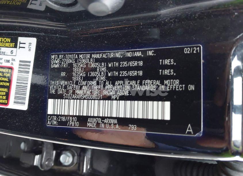 Photo 9 of 2021 Toyota Highlander HYBRID LE (VIN 5TDZARAH5MS008031)