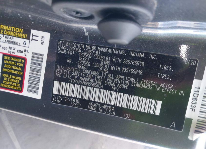 Photo 9 of 2021 Toyota Highlander HYBRID LE (VIN 5TDZARAH6MS505024)