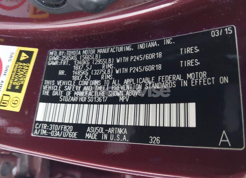 Photo 9 of 2015 Toyota Highlander LE (VIN 5TDZARFH0FS013617)