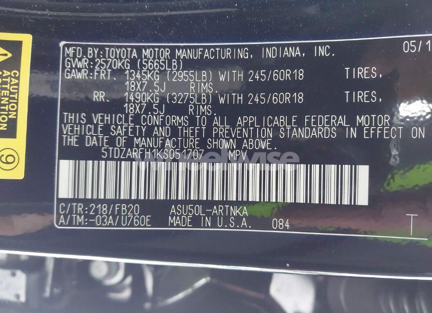 Photo 9 of 2019 Toyota Highlander LE (VIN 5TDZARFH1KS051707)