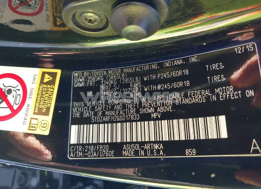 Photo 9 of 2016 Toyota Highlander LE (VIN 5TDZARFH2GS017833)