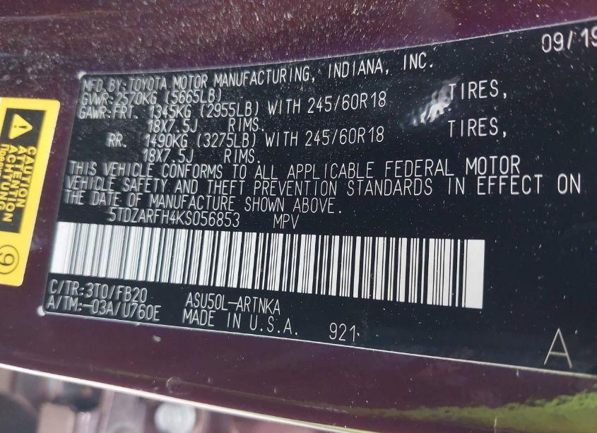 Photo 9 of 2019 Toyota Highlander LE (VIN 5TDZARFH4KS056853)