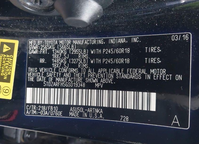 Photo 9 of 2016 Toyota Highlander LE (VIN 5TDZARFH5GS019348)