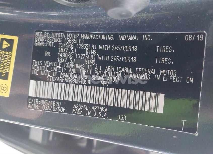 Photo 9 of 2019 Toyota Highlander LE (VIN 5TDZARFH6KS054098)