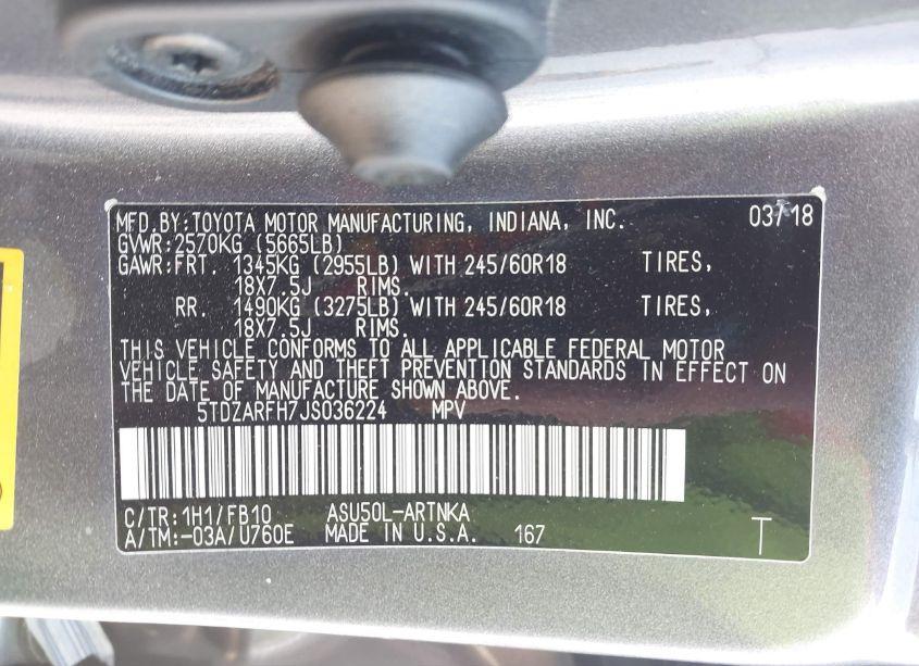 Photo 8 of 2018 Toyota Highlander LE (VIN 5TDZARFH7JS036224)