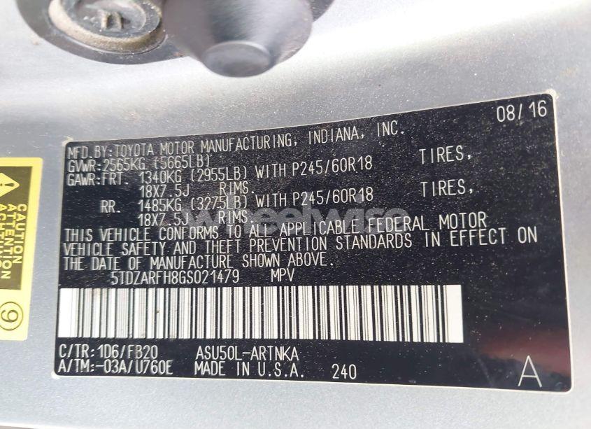 Photo 9 of 2016 Toyota Highlander LE (VIN 5TDZARFH8GS021479)