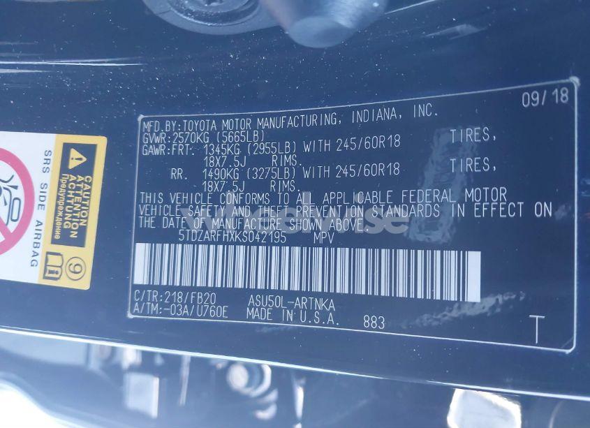 Photo 9 of 2019 Toyota Highlander LE (VIN 5TDZARFHXKS042195)