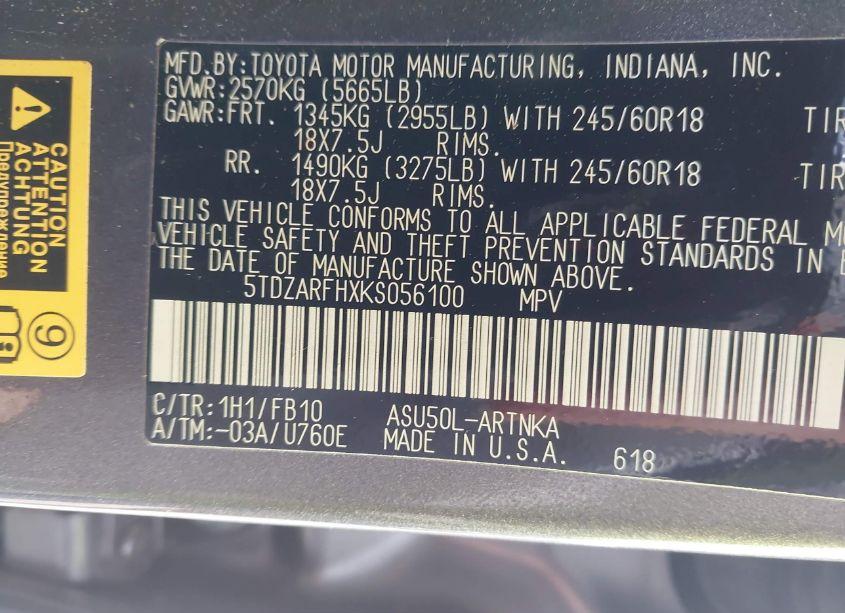 Photo 9 of 2019 Toyota Highlander LE (VIN 5TDZARFHXKS056100)