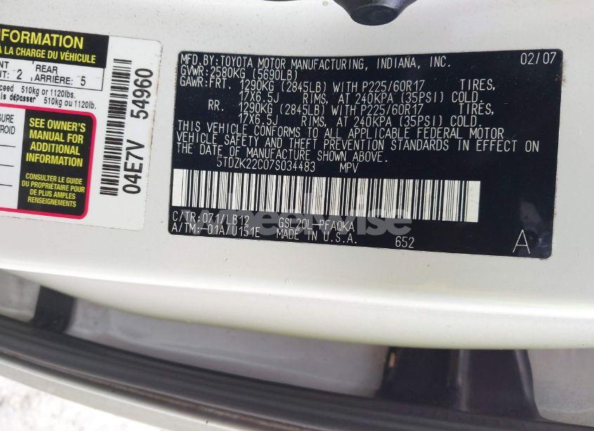 Photo 9 of 2007 Toyota Sienna XLE (VIN 5TDZK22C07S034483)