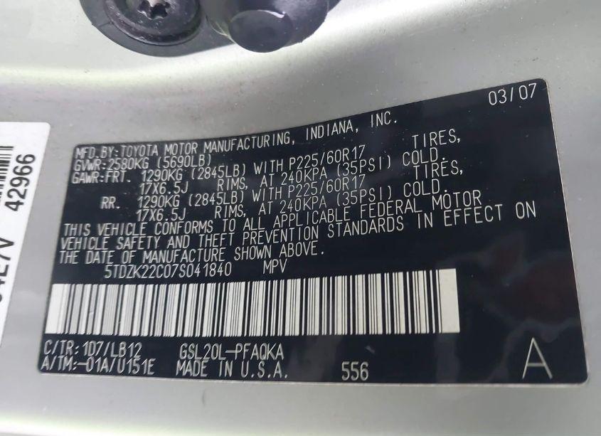 Photo 9 of 2007 Toyota Sienna XLE (VIN 5TDZK22C07S041840)