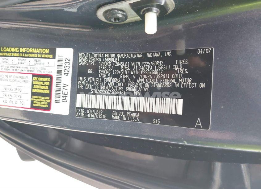 Photo 9 of 2007 Toyota Sienna XLE (VIN 5TDZK22C07S059464)