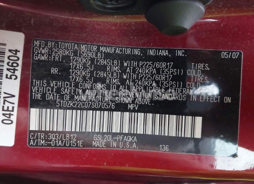 Photo 9 of 2007 Toyota Sienna XLE LIMITED (VIN 5TDZK22C07S070576)